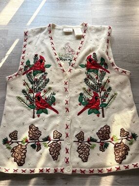 VTG Christmas Sweater Vest Bobbie Brooks Embroidered Beaded Grandmacore Medium